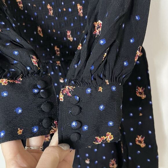 Free People Black Floral Star-Print Smocked long sleeve Mini Dress Size Small - Picture 5 of 7